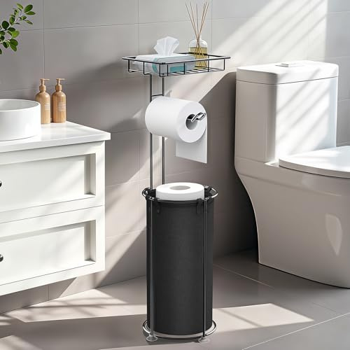 Lewondr Porte-Papier Toilette Indépendant, Porte-Rouleau de Papier Toilette sur Pied avec Étagère de Rangement, Support Papier Toilette Debout avec Sac de Rangement pour 3 Rouleaux de Papier, Noir