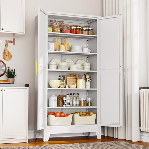 Generisch 180,34 cm hoher Vorratsschrank, Küchenaufbewahrungs-Schränke mit verstellbaren Füßen und Regalen, metallener Vorratsschrank für Küche, Wohnzimmer, Waschküche und Esszimmer (weiß)