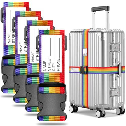Koffergurt Kofferband Set, koffergurte 4 stück mit Adressschild, kofferbänder Personalisierte Identifikation für Schnell erkennen Gepäck Reisetasche Koffer, Gepäckband Farbig koffergurte kofferband