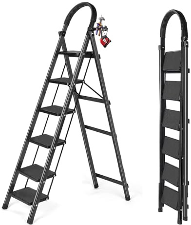 6-Stufen-Leiter, Leitern für Zuhause, rutschfeste Pedale, Aluminium-Tritthocker, faltbar, leicht zu bewegen, einfache Lagerung, tragbar für Schrank, Küche, Bibliothek, hält 300 Pfund (6-Stufen-Leiter)
