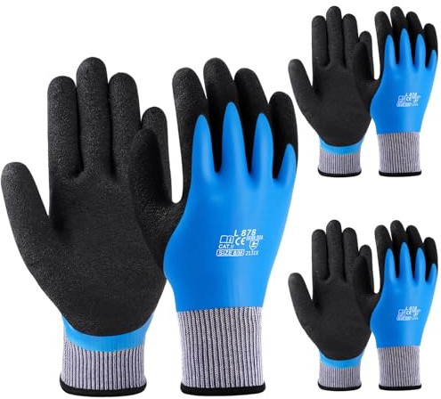 flintronic Waterproof Work Gloves, 3 Pairs Ultra-Grip Work Gloves Non-Slip Latex Coated Versatile for Gardening, Car Washing, Fishing, Cleaning, Outdoor Tasks, Blue, M