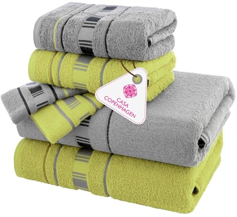 Casa Copenhagen X Lines Juego de Toallas 600 g/m² para hoteles, spas, cocinas y baños, Juego de 6 Piezas con 2 de baño, 2 Toallas de Mano y 2 toallitas faciales -Verde-Gris | X-line 100% algodón egipcio – 2 toallas de baño, 2 toallas de mano, 2 guantes de baño (set de regalo para hombres y mujeres)