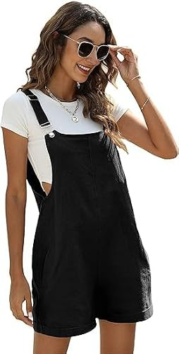 Omoone Womens Short Dungarees Cotton Linen Jumpsuit Rompers With Pockets | Adjustable Straps, Cuffed Hem, Solid Colour, Breathable, Lightweight, Maternity-Friendly, Beach Holiday, Summer Casual Outfit