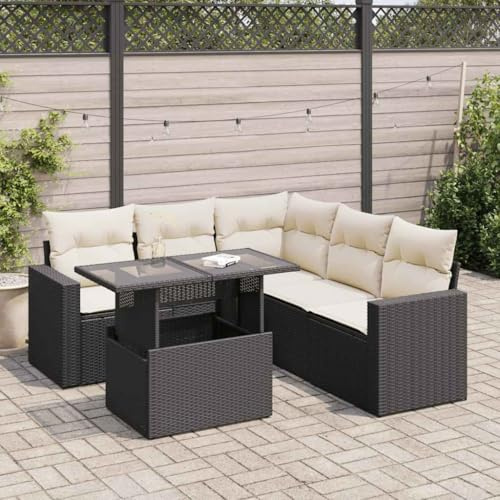 KKHOMEI PolyRattan Ecklounge Gartenmöbel Essgruppe Tisch mit Höhenverstellbarer Gartentisch Gartenlounge mit Stauraum Dining Polyrattan Gartenmöbel Set Schwarz und Creme 6-TLG Type-223