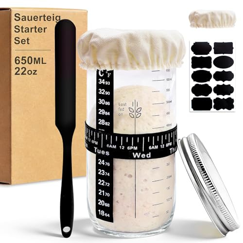 Surdeg startset – 650 ml surdeg glas med silikonspatel, bordsdekal – brödbakning tillbehör, fermenteringsglas för nybörjare och hembakning (svart standard, 650 ml)