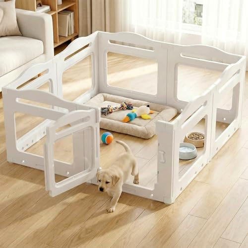 MAMIZO Acryl Welpenauslauf 129 × 129 × 60cm, Faltbar Laufstall Hund | Transparente Hundelaufstall für Wohnung mit Verdickte Platte, Wurfkiste für Welpen, 8PCS Indoor-Hundezwinger, Weiß