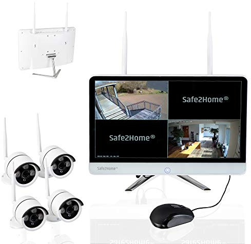 Safe2Home® Funk övervakningskamera set tyska – 4X Full HD Cam– kamera set monitor inkl rekorder – videoövervakning trådlös inuti – yttre 2,4 GhZ 8 Kanal - 4 Cams Set Weiß