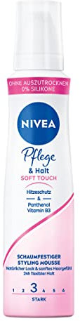 NIVEA Pflege & Halt Soft Touch Schaumfestiger (150 ml), pflegender Haarschaum mit Hitzeschutz, Panthenol & Vitamin B3, Haarfestiger für einen natürlich schönen Look (Haltestufe 3)