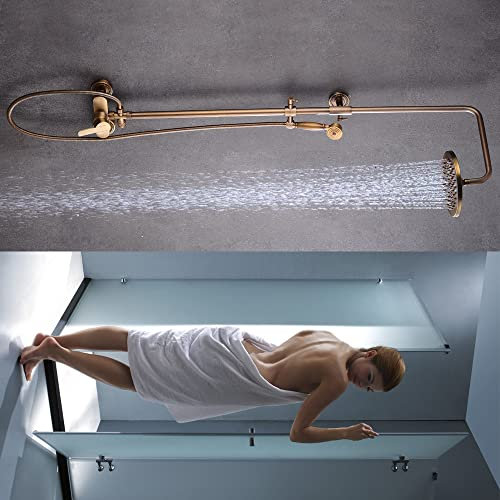 Antik Messing fertig Retro Duschset Antik Messing Duschsystem Duscharmatur Retro Duschsystem mit Armatur aus Messing Antik Regendusche mit höhenverstellbar Duschsäule Handbrause Vintage Messing