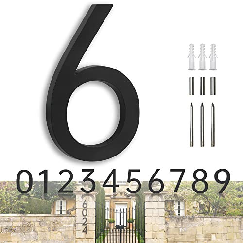HANPIU Numeri civici per numeri civici esterni per numeri civici moderni in metallo da 17,8 cm, numeri civici neri esterni- grande numero di porta galleggiante per casa indirizzo numero 6