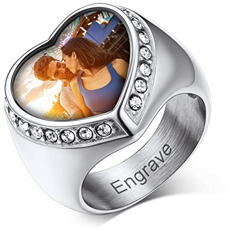 Custom4U Personalisierter Siegelring Herren Edelstahl mit Farbbild/Schwarzes Bild Gravur Memorial Männer Jungen Ehering Verlobungsring Silber/Schwarz/Gold Ringgröße 54.4(17.25)-72.3(22.75)
