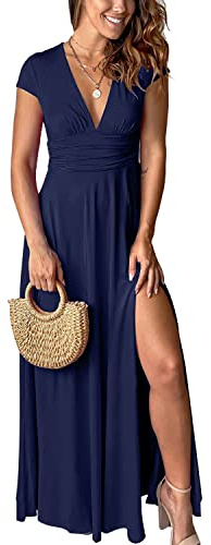 QUNERY Robe Longue Femme Ete Robe de Plage Manches Courtes Robe D'été Casual col en V Taille Haute Robe Cocktail Demoiselle d'honneur Mariage Fête Aniversaire Bleu Noir XL