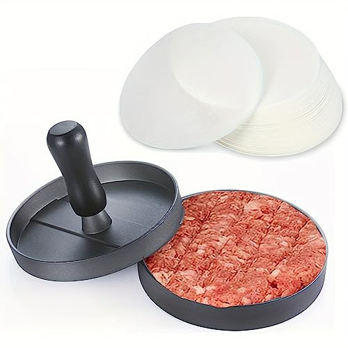 Quixotical Hamburger Presse, Non Stick Hamburger Press, Aluminum Burger Patty Maker, with Handles, 100 Sheets of Non Stick Oiled Paper, for Deliciou Hamburgers, Grilled Meat, Pork