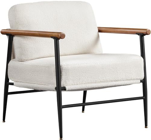 Yaheetech Fauteuil de Relaxation en Tissu Bouclette Rembourré Fauteuil de Salon Design Moderne Élégant Cadre Métallique Accoudoirs Bois Fauteuil d'appoint pour Chambre Salle de Réception Blanc Blanc/1