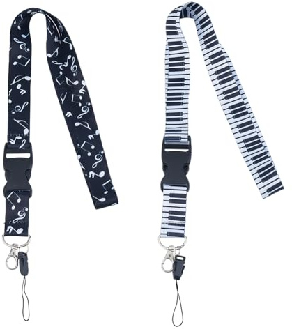Lanière musicale Hobbspring 2 couleurs Notes de Piano Porte-Carte Détachable Lanière de Cou avec Boucle de Déverrouillage Rapide et Crochet pour Clés de Voiture Sifflet Porte-clés Portefeuille