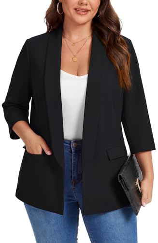 MINTLIMIT Plus Size Blazers 3/4 Sleeve Casual Blazers Lightweight Open Front Summer Top Outerwear Jackets (Black XXL)