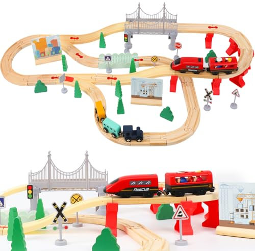 XIAPIA Wooden Train Set for Toddler, 72 Pcs Wooden Train Track Fits Thomas/Brio/Melissa and Doug, Train Toy for 2 3 4 5 Year Old Boy Girl Gifts Presents For Christmas Xmas New Year