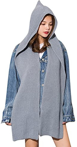 Solides 2-in-1-Strick-Kapuzenschal-Set, Winter-Melonenmütze, warme, dicke Zopfmuster-Strickmütze, Schal-Set, dehnbare, sportliche Mützen, Schal-Set für Frauen Damen Kaschmir Schal (Grey, One Size)