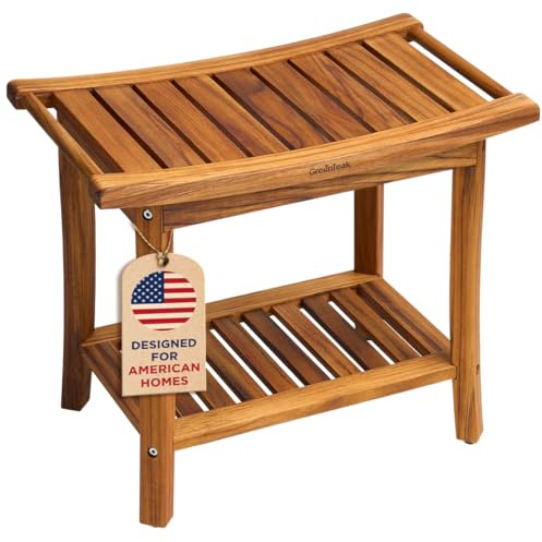 GREENTEAK Premium 22 Teak Wood Shower Bench with Shelf, 2-Tier Waterproof Teak Shower Stool, Non-Slip Feet for Enhanced Safety, Spa Bath Seat for Bathroom, Indoor & Outdoor Use, 300 lb Capacity