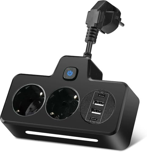 LustLocke Regletas Enchufes USB C, Ladron Enchufes con 2 Tomas, 2 Puertos USB A y 2 Puertos USB C, Enchufe Alargador Multiple Pared Cable Corto Regleta, Compacta para Oficina, Hogar y Viajes (Blanco)