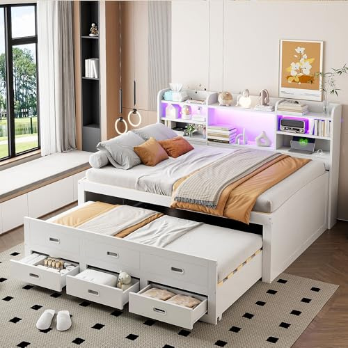 NNJN Schlafsofa, Daybett, Tagesbett, Led-Fernbedienung, 3 schubladen, Nachttischablage, Multifunktionales ausziehbares Bett mit USB+Type-c, (Ohne matratze, Weiß) (140 x 200cm)