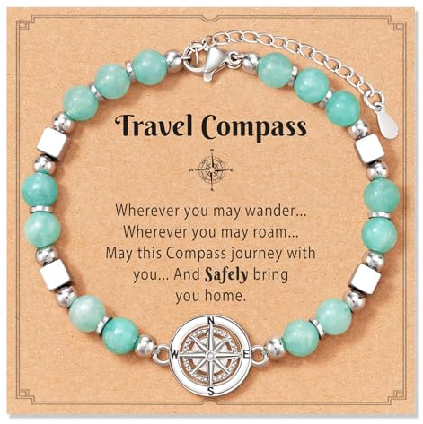 Joalpysm Natural Stone Bracelet, Dainty Charm Bracelet, Good Luck Travel Gift with Compass Design, Lucky Charm for Positive Energy, Stylish Daily Accessory for Travelers