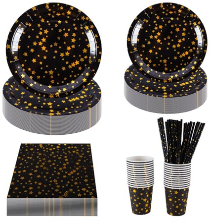 CEILIWEN 125PCS Black & Gold Stars Party Tableware Set - 9'' & 7'' Foil Paper Plates, Napkins, Cups & Straws - for Christmas, Birthday, Wedding, Graduation, New Year (Black & Gold Stars)