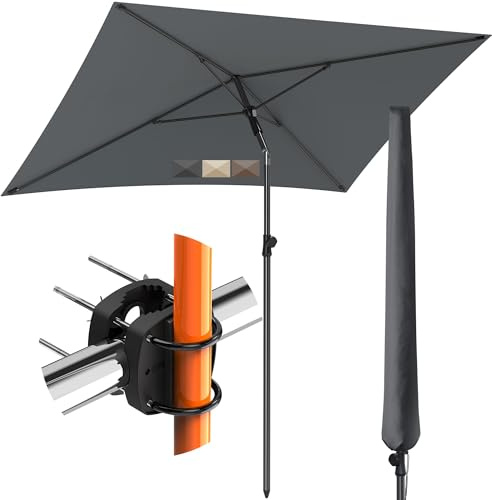 Menz Sonnenschirm Balkon SunnyShade Plus Set 3-in-1, Anthrazit - UV50+ Sonnenschirm rechteckig 200 x 125 cm + Sonnenschirmhalter Balkongeländer + Sonnenschirmhülle