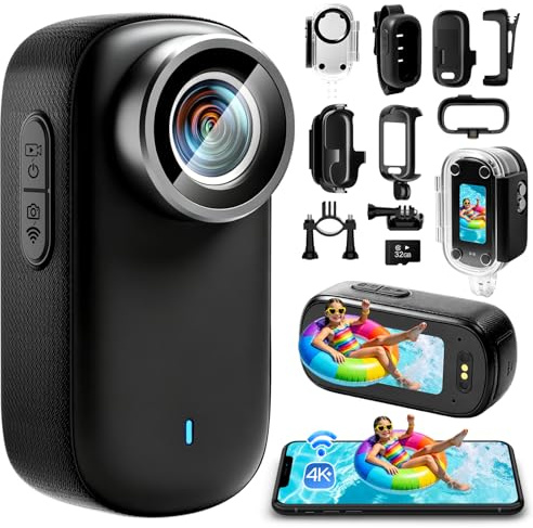 Kaelera Mini Action Cam 4K, 32GB Body Cam, 150° Telecamera Moto Portatile Action Camera Videocamera Sportiva Impermeabile 30m Accessori Multifunzione, Videocamera da Casco per Esterni, Vlog