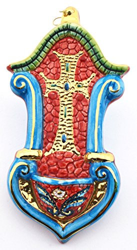 Art Escudellers ACQUASANTIERA Multicolore in Ceramica Dipinta a Mano con Oro 24K, Decorato in Stile BIZZANTINO Rosso. 16,5cm x 8,5cm x 3cm