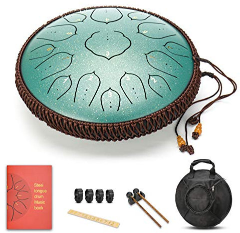 AMKOSKR Stahlzungentrommel, 14 Zoll 35 cm Steel Tongue Drum, D-Dur 15 Noten, Handtrommel HandPan Drum mit Drumsticks/Tragetasche(Grün)
