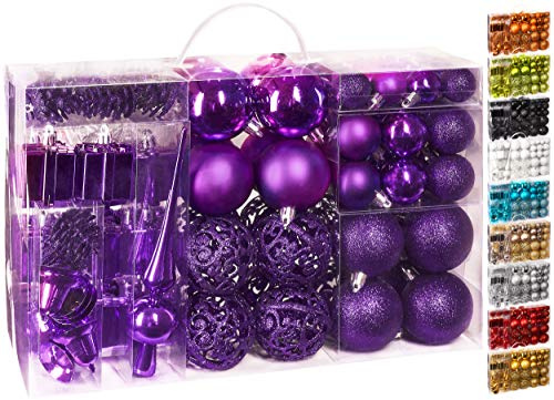 BRUBAKER Set di 101 accessori decorativi per l'albero di natale - addobbi natalizie in color viola - diverse forme di palline ed un puntale per albero di natale