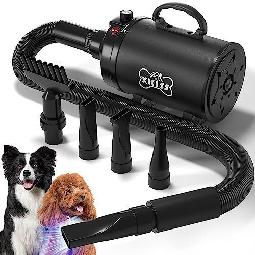 XKISS Soffiatore per Cani 4.5 PS / 3200 W Asciugatore per Cani Continua con velocità e Temperatura Regolabile Asciugacapelli per Animali Domestici,Grooming Cane Animali,con 4 Accessori. (Nero)