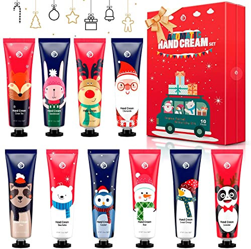 Handcreme Set, 10 Stück Mini Handcremes mit Pflanzen Duft, Intensive Feuchtigkeitscreme für trockene und rissige Hände, Pflege Geschenkset für Frauen und Männer, Ideal für Weihnachten und Geburtstag