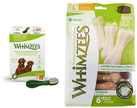 WHIMZEES Zahnbürste, natürliche, getreidefreie Zahnpflegesnacks (30 Stück), Größe L & Reisknochen, natürliche, glutenfreie Zahnpflegesnacks, Kauknochen für große Hunde, 9 Stück, Größe M/L