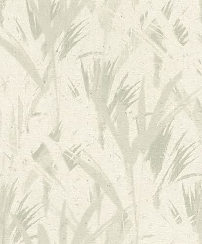 Rasch Tapeten 520729 - Matte Vliestapete in Creme-Weiß mit Beton-Optik und Blättern aus der Kollektion Concrete - 10,05m x 0,53m (LxB)