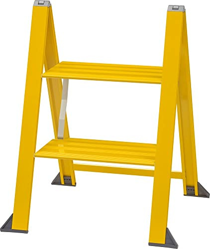 Gelbe Alu Trittleiter Vikingstep Midi von W.Steps I 480mm hoch I Belastbar bis 150kg I Kompakte Aluminium Klapptrittleiter mit 2 Stufen I Nur 35mm breit I 728602