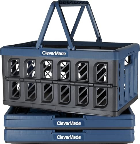 CleverMade Faltbarer Einkaufskorb, Ozean, 3 Stück, 24 l, Wiederverwendbare Kunststoff-Einkaufskörbe, hält 11,3 kg pro Korb, kleine Faltbare Aufbewahrungskisten mit Griffen | Halten Sie Lebensmittel aufrecht im Auto. Starre Wände tragen jeweils 11,3 kg, lassen sich sicher stapeln und zur
