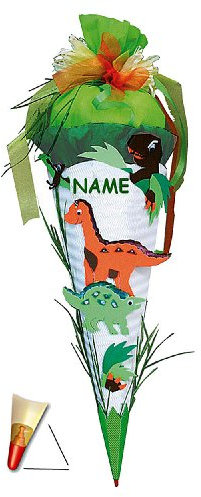 BASTELSET Schultüte - Dino/Dinosaurier - 85 cm - inkl. Name - mit Holzspitze - Zuckertüte Roth - 6 eckig Saurier Dinos T-Rex Jungen - Dinoschultüte/Saurie..