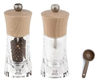 Peugeot - Molinillo manual Oleron para sal y pimienta - Molinillo transparente ajustable - Acrílico y madera de haya, natural, 5.5 pulgadas - Con cuchara de madera para especias