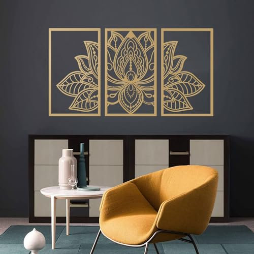 Resama 3 Pcs Lotusblume Wandkunst Dekor Metall Mandala Wanddekoration Einzigartige Lotusblume Wandkunst für Wohnzimmer, Schlafzimmer, Büro und Yoga Raum hängende Dekoration (Gold, groß)