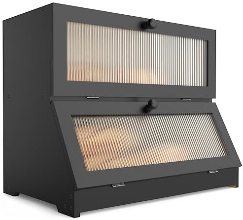 LOHASOK Double Layer Bamboo Bread Box for Kitchen Counter-Large Capacity Bread Storage Container Farmhouse Bread Box with Window Bread Holder… (Black)