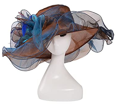 LUMoony Damen Organza Fascinator Braut Hochzeit Sonnenhut mit großer Krempe in Kaffee für Damen, Sommer, Hochzeit, 56-58cm, 1Pcs