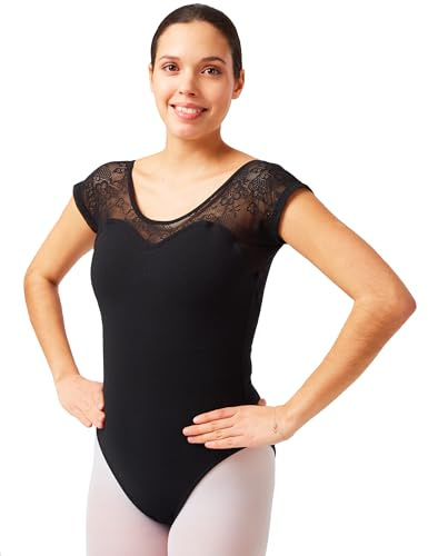 tanzmuster Ballett Trikot Damen Kurzarm - Natalie - Baumwolle - BH-Pad-Einschub - Ärmel aus Spitze geblümt - Tanz Body - Ballettkleidung für Erwachsene