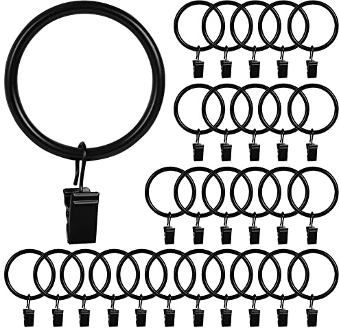 HOOSUN 28 Pack Curtain Rings with Clips,Curtain Hooks for Drapes,Metal Curtain Rod Rings Hook Small Clip,Premium Drapery Hooks,Black Curtain Ring Inside Diameter 1.5 in,Fits Curtain Rod Up to 1.5 in