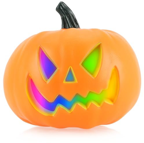 com-four® Kürbis mit LED-Beleuchtung - Halloweenkürbis als Hauseingangs- und Fensterdekoration - großer Kunststoff-Kürbis mit Grusel-Fratze - Horror-Pumpkin mit 6 Beleuchtungsmodi (Orange - 22cm)