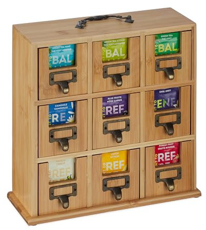 Relaxdays Scatola Porta tè e Tisane, 9 Scomparti, in bambù, HxLxP: 29 x 30 x 11,5 cm, da Poggiare o Appendere, Naturale