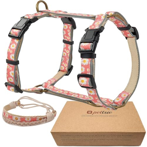 Pettsie No-Pull Hundegeschirr & Armband, Reflektierend, Hanf | 4 verstellbare Riemen, 2 Leinenclips, weiches Hanfmaterial, Freundschaftsarmband enthalten, für empfindliche Haut
