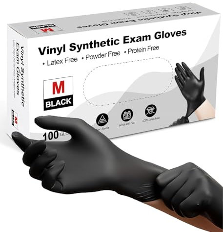 PROMART Black Vinyl Disposable Gloves - Powder and Latex Free Medical Exam Gloves, Black, Industrial Grade, Non-Sterile, Food Safe, Disposable Gloves, Cooking & Cleaning, Box of 100 (100, MEDIUM)
