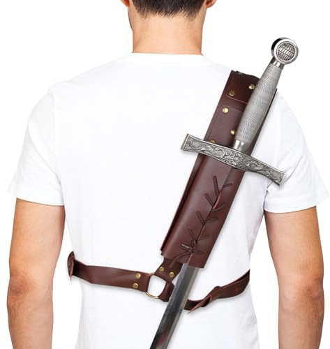 Mittelalterliche Retro Schwert Schulter rücken Scheide Froschhalter, Schwerthalter Rücken Gürtel Für Erwachsene Männer,Verstellbares Vintage Schwertscheide Lederbezug. Leder Schwert Holster (Braun)